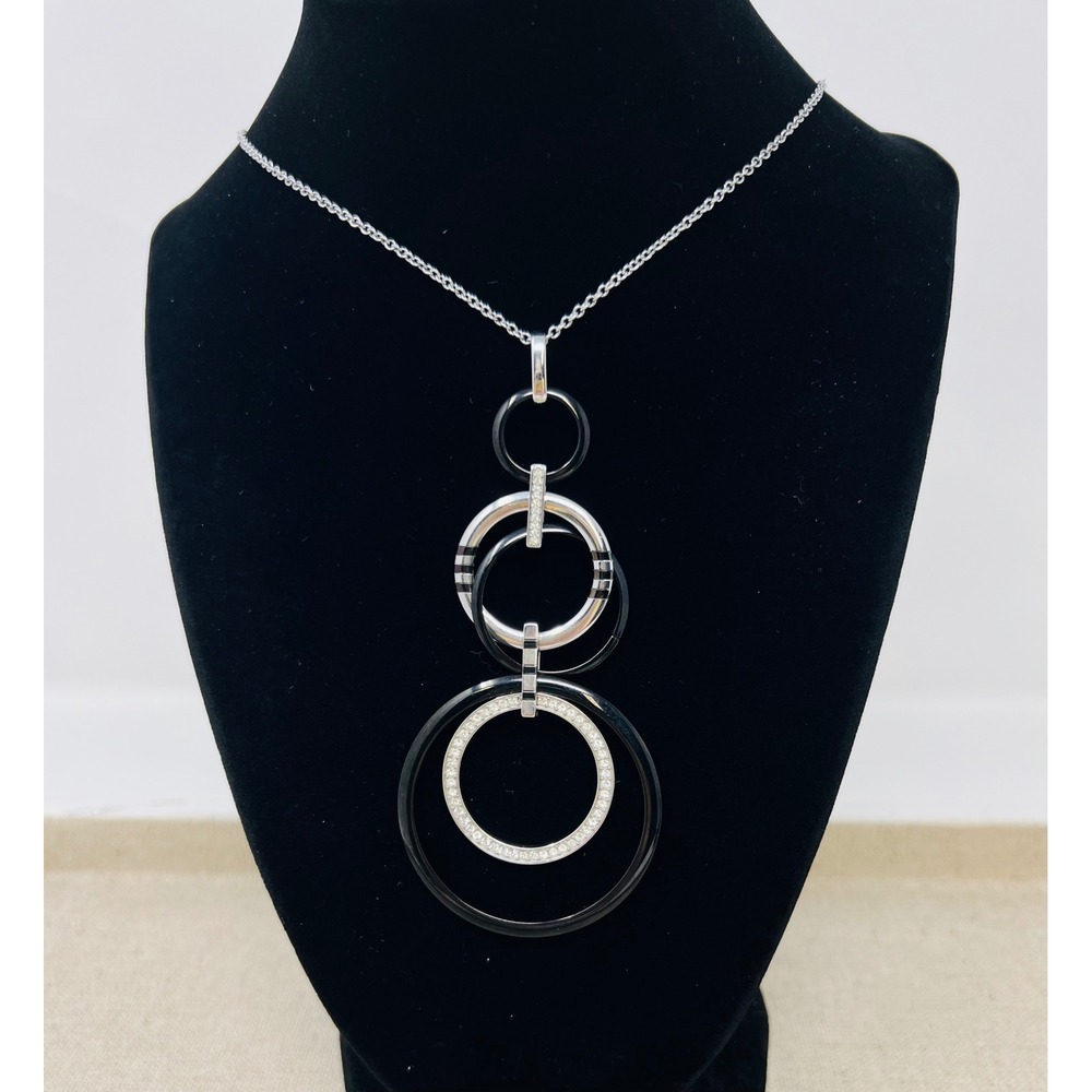 Emporio Armani Silver Tone Black Resin Crystal Interlocking Ring Pendant Necklac